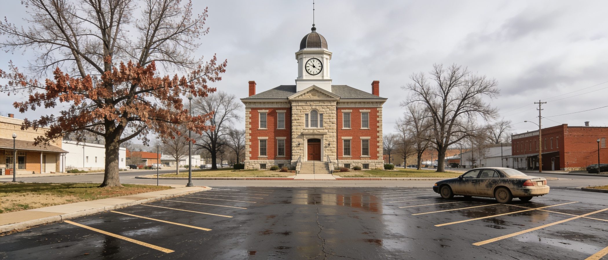 A small Missouri county courthouse of limestone and red brick seen across an empty town square on a damp spring morning.