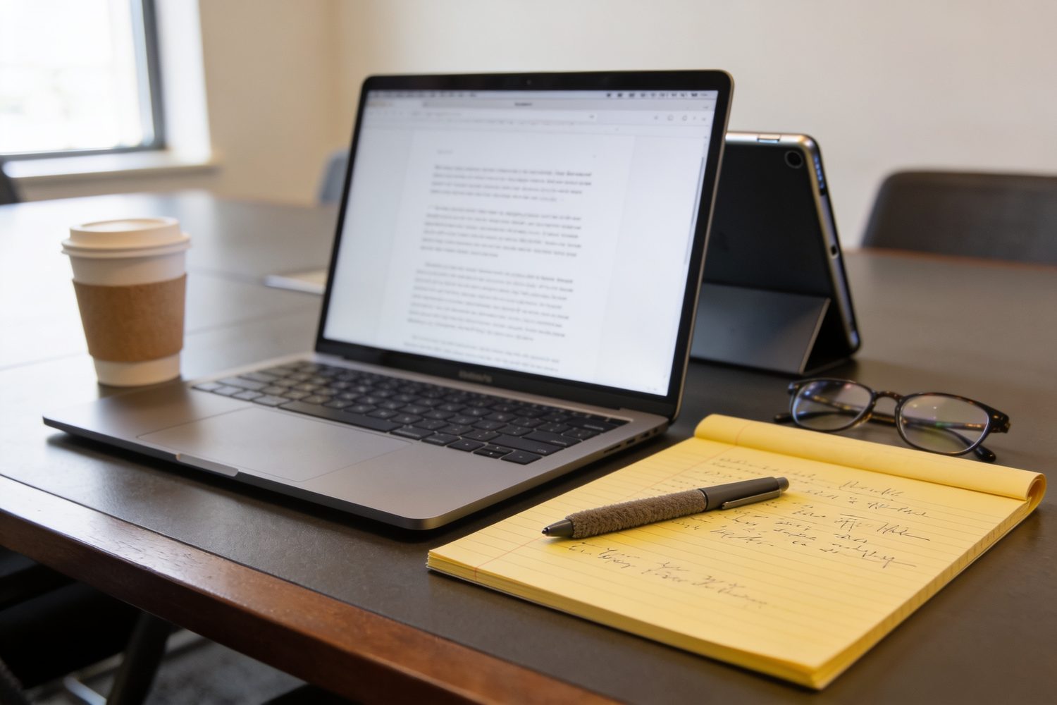 A laptop on a conference table showing a running page of transcript text, next to a yellow legal pad with handwritten notes, a pen and reading glasses.