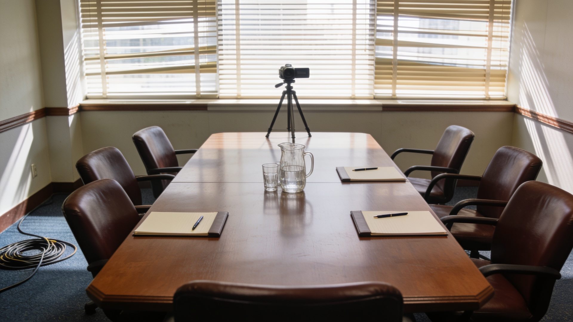 A deposition room set up before anyone arrives: a long walnut table, chairs pushed in unevenly, water glasses, legal pads, and a video camera on a tripod at the head of the table.
