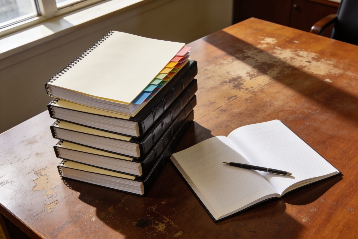 Five comb bound transcript volumes stacked on a worn oak table in window light, coloured index tabs fanning from the top volume, an open notebook and pen beside them.